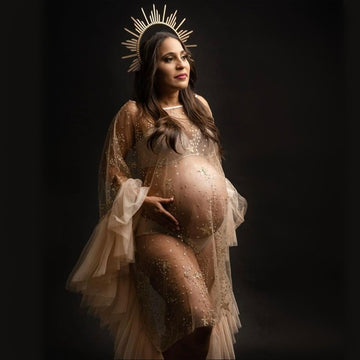 Mqtime See Through Tulle Maternity Photography Props Dress Flare Rulles Sleeve Maternity Photography Outfit